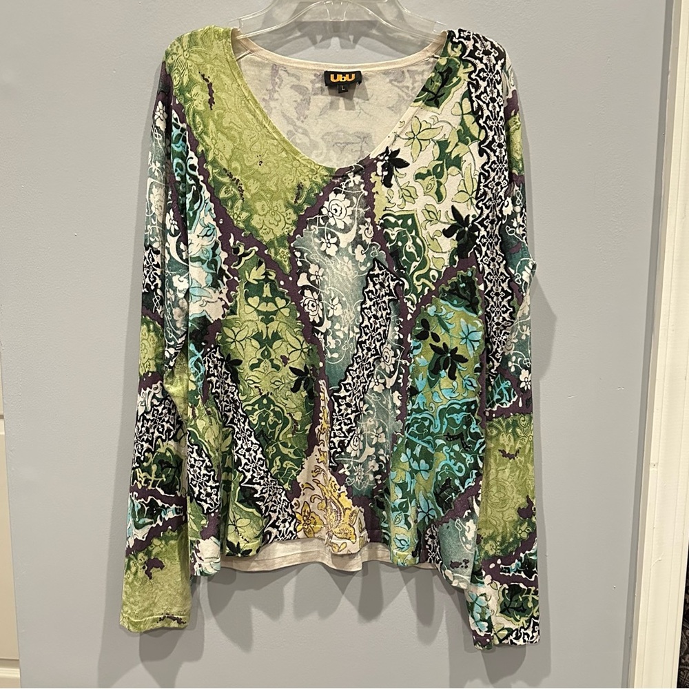 Silk Lightweight Knit Long Sleeve Sweater V-Neck Abstract Floral Y2K Grunge Lg - Picture 3 of 16